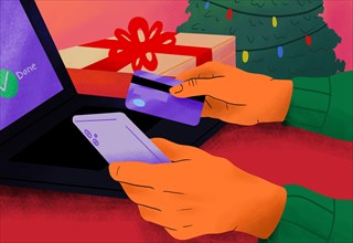 Illustration of a Hands of man holding credit card and smart phone by Christmas present at home