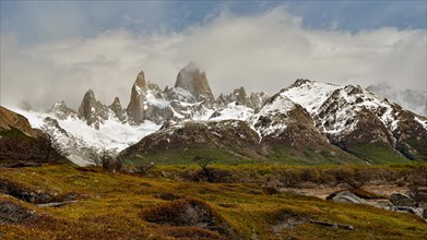 Nature and wilderness with the snow-covered wild ridge of Fitz Roy in Los Glaciares National Park