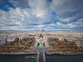 Aerial panoramic view from the Eiffel tower height to the Paris cityscape