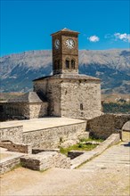 Clock tower in the Ottoman Castle Fortress of Gjirokaster or Gjirokastra. Albanian