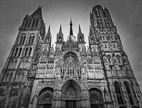 Outdoor facade view of Notre Dame de Rouen Cathedral in the Normandy