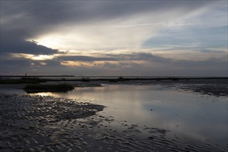 Mudflats at low tide with water reflection at dusk on the beach of Cuxhaven