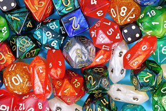 Top view of different colorful roleplaying RPG dice