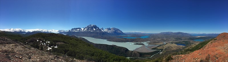 Panorama of the landscape in Torres del Paine National Park with the Grey Glacier