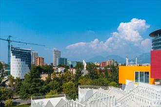 Panoramic view of the city from the Pyramid of Tirana near Skanderbeg Square in Tirana. Albania