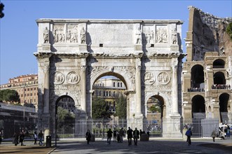 Frontal view of Arch of Constantine Triumphal Arch of Emperor Constantine with few people tourists