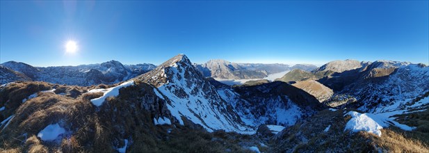 360 degree panorama of Berchtesgaden National Park in late autumn with from left Hagengebirge