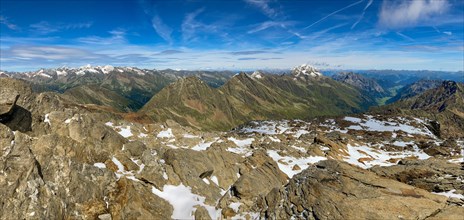Panorama view from the summit of the Schneespitze to the Stubai Alps