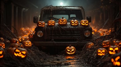 Spooky and fun collection of dozens of halloween carved pumpkins surrounding and old scary truck outside in the moonlight on hallows eve