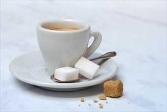 Espresso cup with white and brown sugar cubes