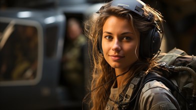 Female military helicopter pilot standing near her aircraft