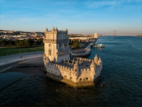 Aerial view of Belem Tower famous tourist landmark of Lisboa and tourism attraction on the bank of the Tagus River