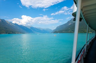 View from a Passenger Ship over Mountain on Lake Brienz in a Sunny Day in Interlaken