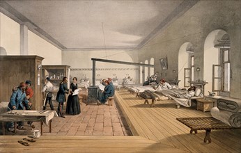 Crimean War. Florence Nightingale examines a ward in the military hospital in Scutari. Coloured lithograph