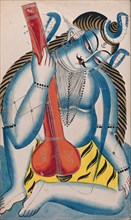 An intoxicated Shiva holding a sitar or tambura in the form of a lingam. Like all Hindu deities