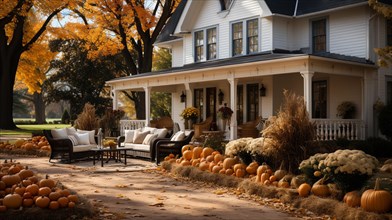 Fall and autumn beautifully decorated house porches with pumpkins