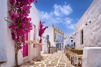 Beautiful street of Greek island town on sunny summer day. Whitewashed houses