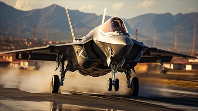 A lockheed martin F-35 fighter jet takes off of a runway