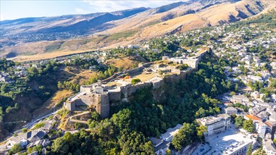 Aerial view of the old castle and fortress in the city of Gjirokaster or Gjirokastra