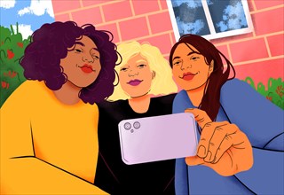 Illustration of a Happy young women friends taking selfie on front stoop
