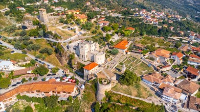 Aerial drone view of Kruje Castle and its fortress. Albania