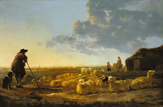 Flock of Sheep with Shepherd in the Landscape