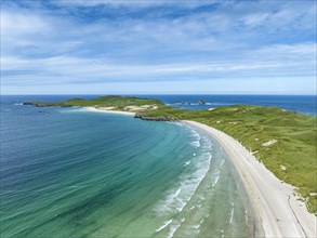 Aerial view of Balnakeil Beach and the Faraid Head peninsula with sandy beach and dune landscape