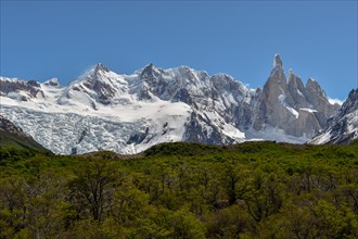 Panorama of Cerro Torre and Cerro Adela massif with its glaciers