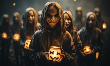 Gathering of young scary children wearing masks