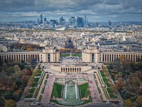 Sightseeing aerial view of the Trocadero area and La Defense metropolitan district seen at the horizon in Paris