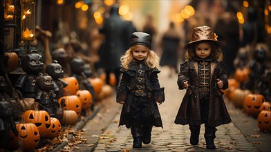 Cute little children dressed up for halloween walking down the sidewalk together