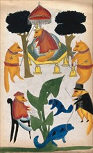 The Court of the Jackal Rajah. Based on an Indian proverb that says that even in the jungle the jackal can be king. The painting is based on two stories: The upper one shows a royal figure sitting on ...