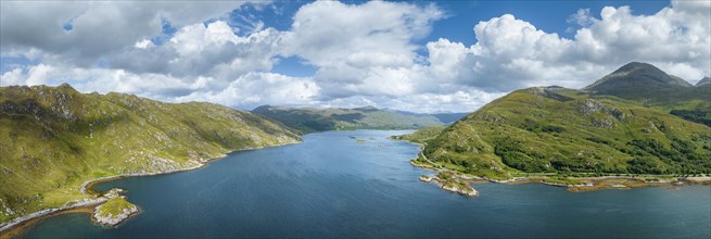 Aerial panorama of Loch Ailort sea loch in the West Highlands