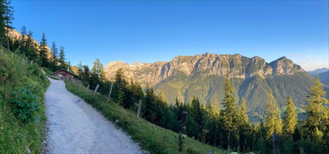 Panorama of the horse-rider Alm from the Schaertenalm in the early morning