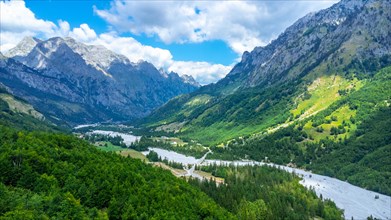 Panoramic aerial drone view of Valbona valley