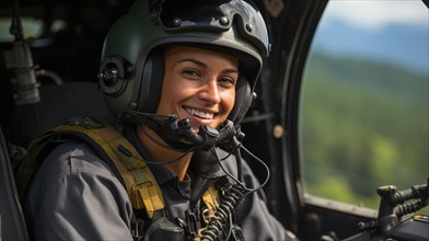 Female african american military helicopter pilot in the cockpit