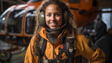 Female african american search and rescue helicopter pilot standing near her aircraft