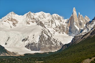 The summit of Cerro Torre and the glaciers of the Cerro Adela massif