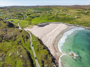 Aerial view of Clashnessie Bay and the single track road and scenic route B869