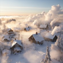 Aerial view of small settlement in winter with smoking chimneys