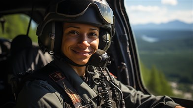 Female african american military helicopter pilot in the cockpit