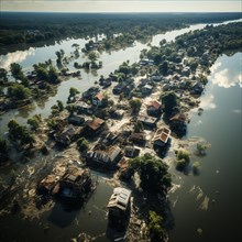 Aerial view flooded village after a flood