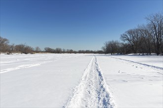 Vehicle tracks on snow covered frozen river
