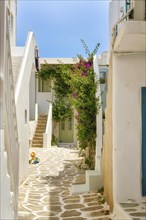 Traditional Greek island town square with whitewashed walls