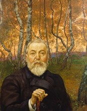 Self-portrait in front of a birch forest