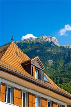 House in Iseltwald and Mountain on Lake Brienz in a Sunny Day in Interlaken