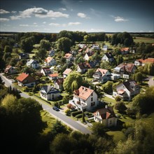Aerial view of small settlement with terraced houses