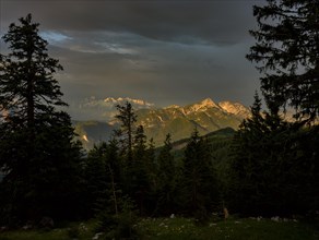 Dramatic atmosphere at sunrise in the Chiemgau Alps with the Sonntagshorn and the Loferer Steinberge