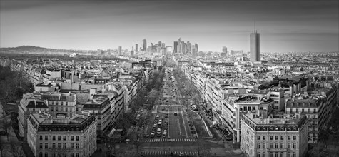 Black and white Paris cityscape panorama with view to La Defense metropolitan district