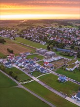 Aerial view small town at sunset